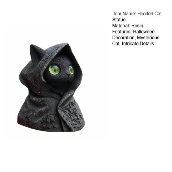 Hooded Cat Statue Resin Mysterious Black Cat Figurine Gothic Tabletop Mini Cat Sculpture Halloween Decoration Gift for Cat Lovers