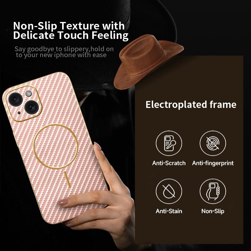For iPhone 15 Phone Case Carbon Fiber Textured Electroplated TPU Back Cover