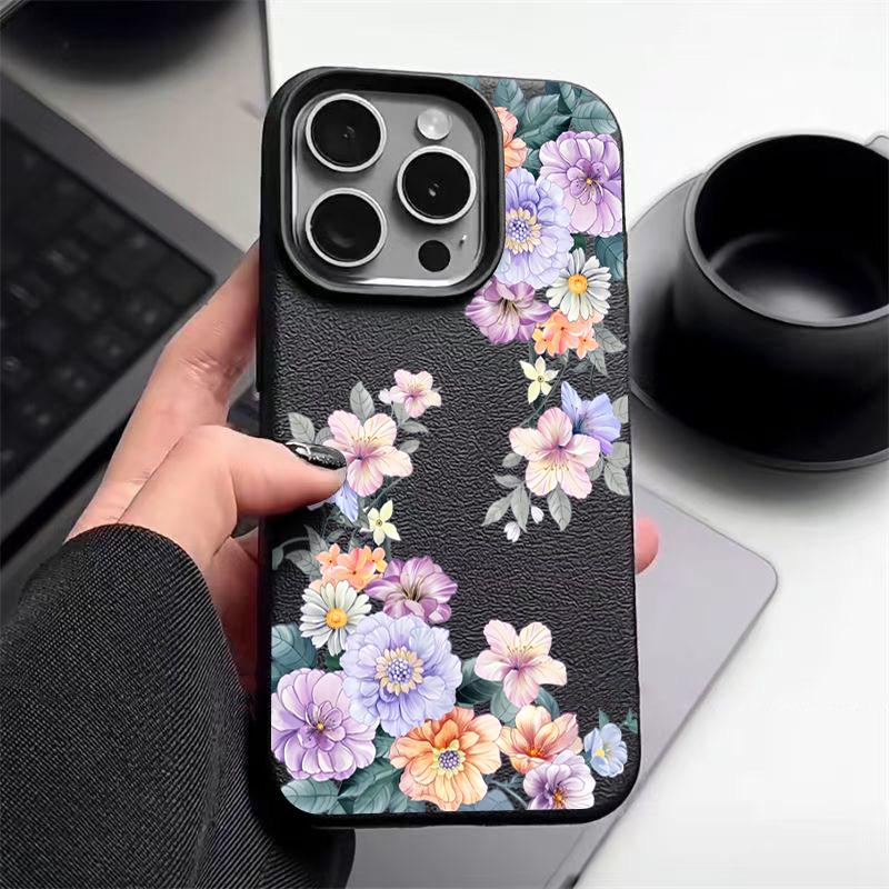 Flower Print Soft Phone Case For iPhone 16 15 14 Pro Max 16 Plus 12 13 Pro 11 Luxury Leather Texture TPU Shockproof Cover Fundas