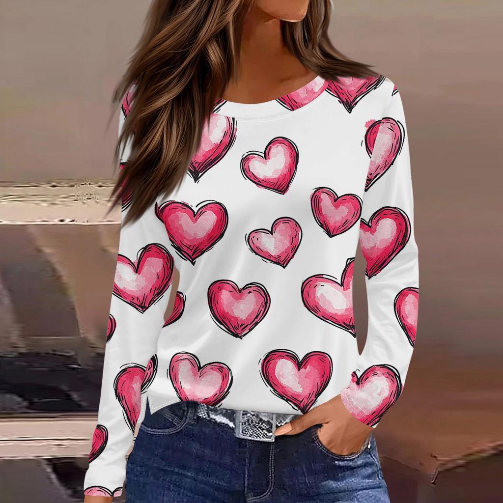 Women's Fashion Casual Slit Hem Round Neck Long Sleeve Loose Printed T-Shirt Ladies Top