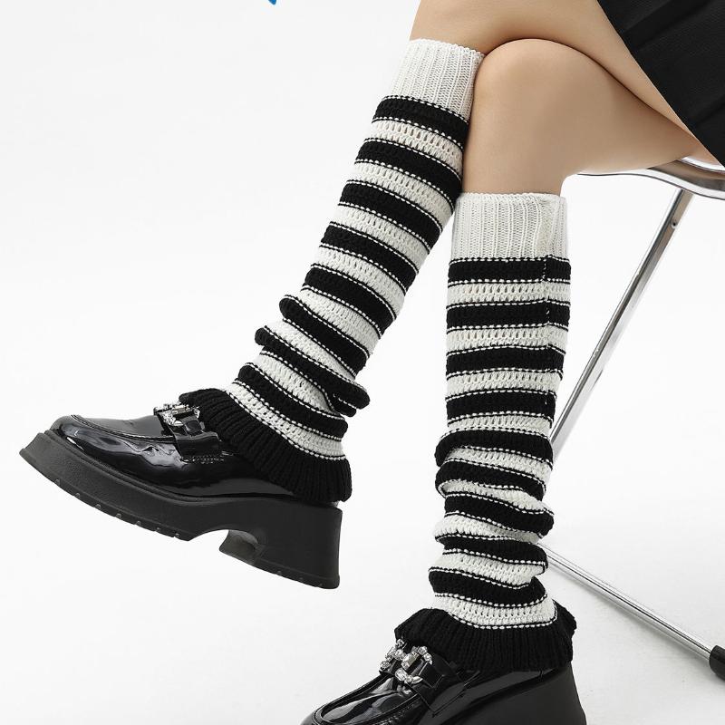 Hot Girl Style Y2K Spring Autumn Women's Striped Slouch Socks Leg Warmers for Leather Shoes Knitted Chunky Thread Calf Socks