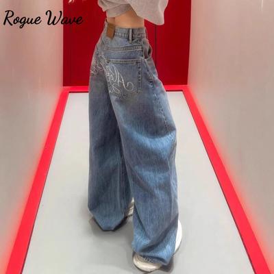 RogueWave Mektup Hot Diamonds Yüksek Belli Kot Kadın Sokak Modası Bol Kot Kadın Giyim Günlük Çok Yönlü Pantolon Kadın
