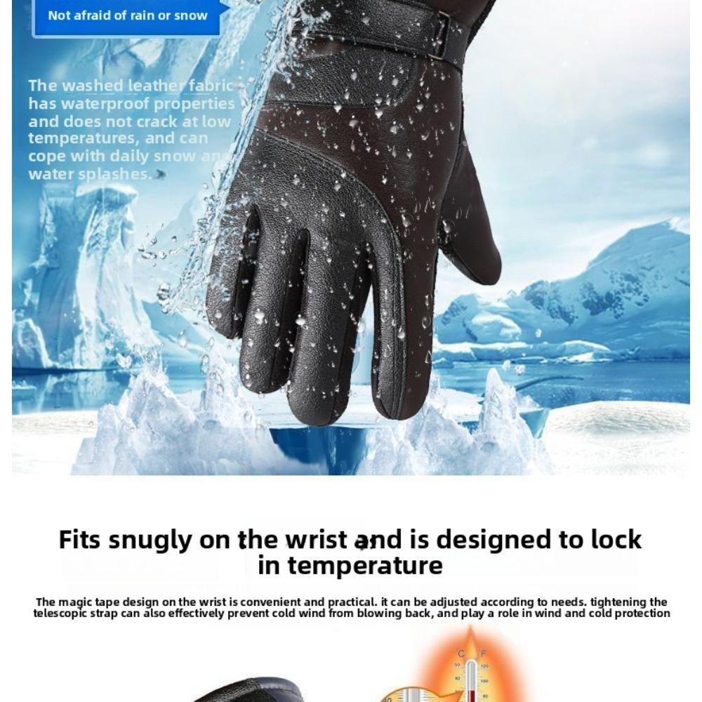 Leather Gloves Men Women Winter Outdoor Cycling Motorcycle Windproof Cold-Proof Fleece Lined Touchscreen Thickened Warm Gloves