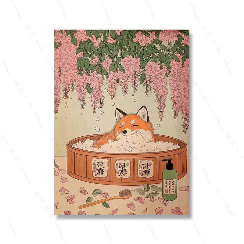 Tuxedo Cat Corgi Fox In a Bath Japanese Style Bathroom Print Vintage Poster Funny Aesthetic Japandi Wall Art Animal Lover Gift