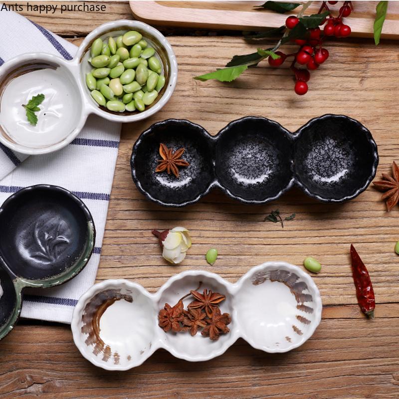 Seasoning Dish 3 Grids Snack Bowl Ceramic Dinner Plate Dipping Dishes Seasoning Plate Soy Sauce Dish Vinegar Dishes Snack Tray
