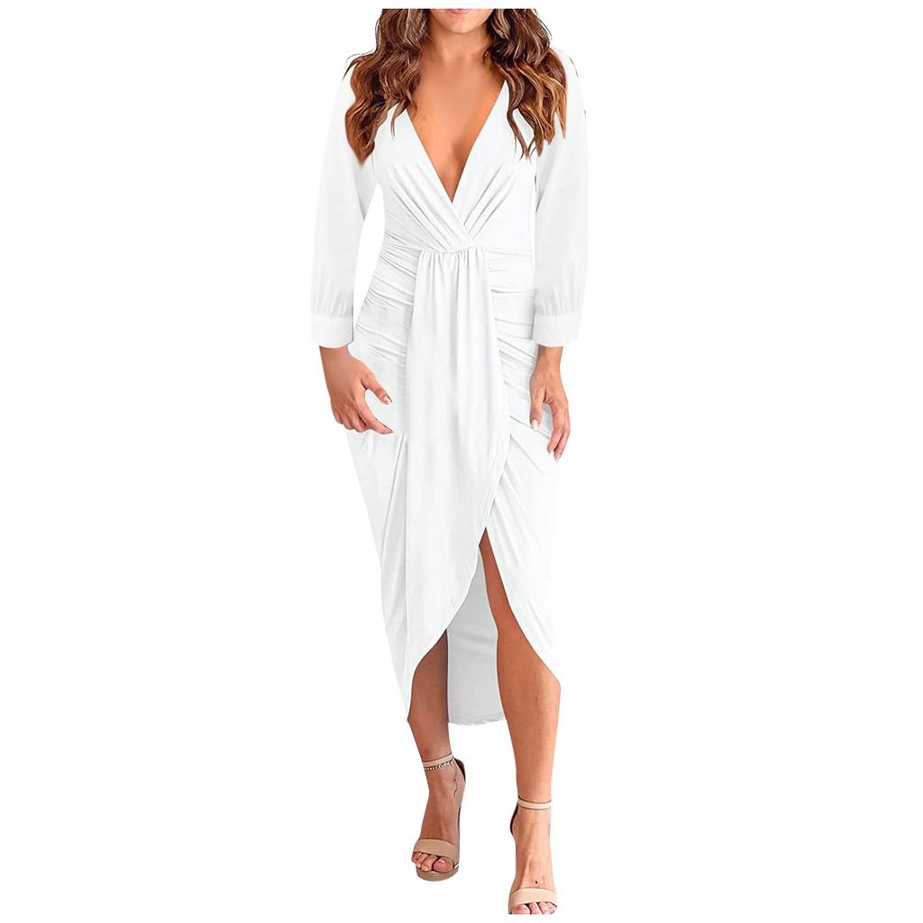 Womens Temperament Color V-Neck Pleated Hip Slit Long Sleeve Dress