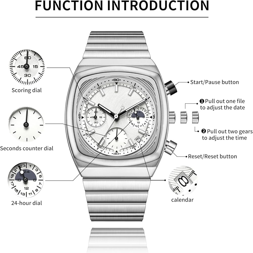 Vintage Men's Watch Waterproof Silver Case Stainless Steel Band Chronograph Date Display