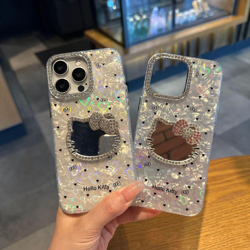 Luxury Shell Pattern Cat Mirror iPhone 17 Pro Max Case with Rhinestone Frame