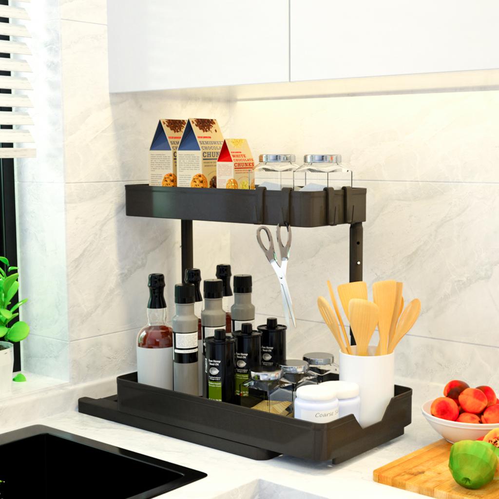 Adjustable Height Under Sink Organizers and Storage, Pull Out Cabinet Organizer 2 Tier Slide Out Shelf Under Cabinet Storage, Under Sink Organize