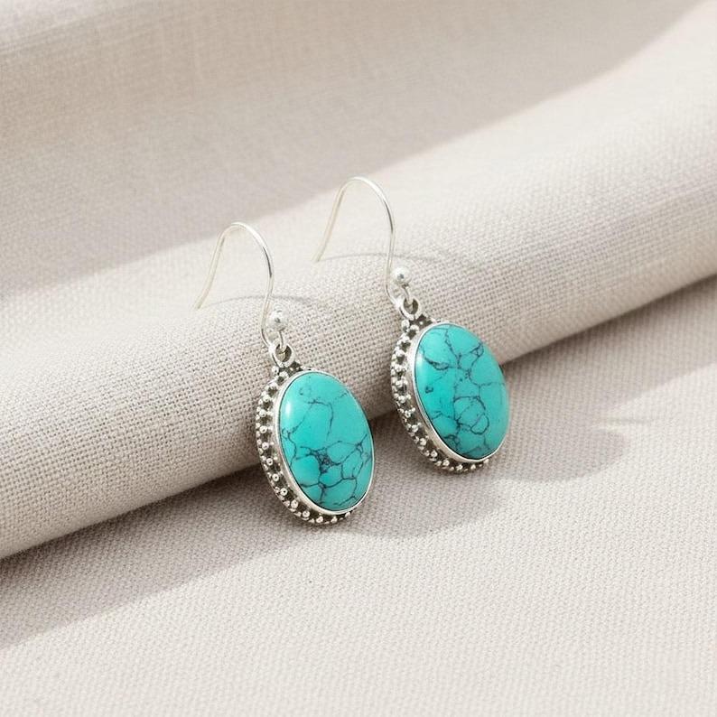 Solid 925 Sterling Silver Turquoise Gemstone Dangle Drop Earrings Designer Earrings Gift For Her