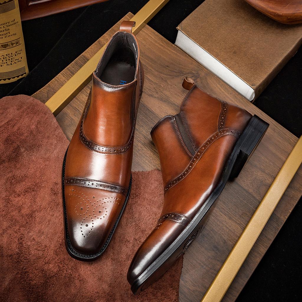 Men's high-top shoes carved cowhide men's shoes small square head Chelsea men's boots footwear