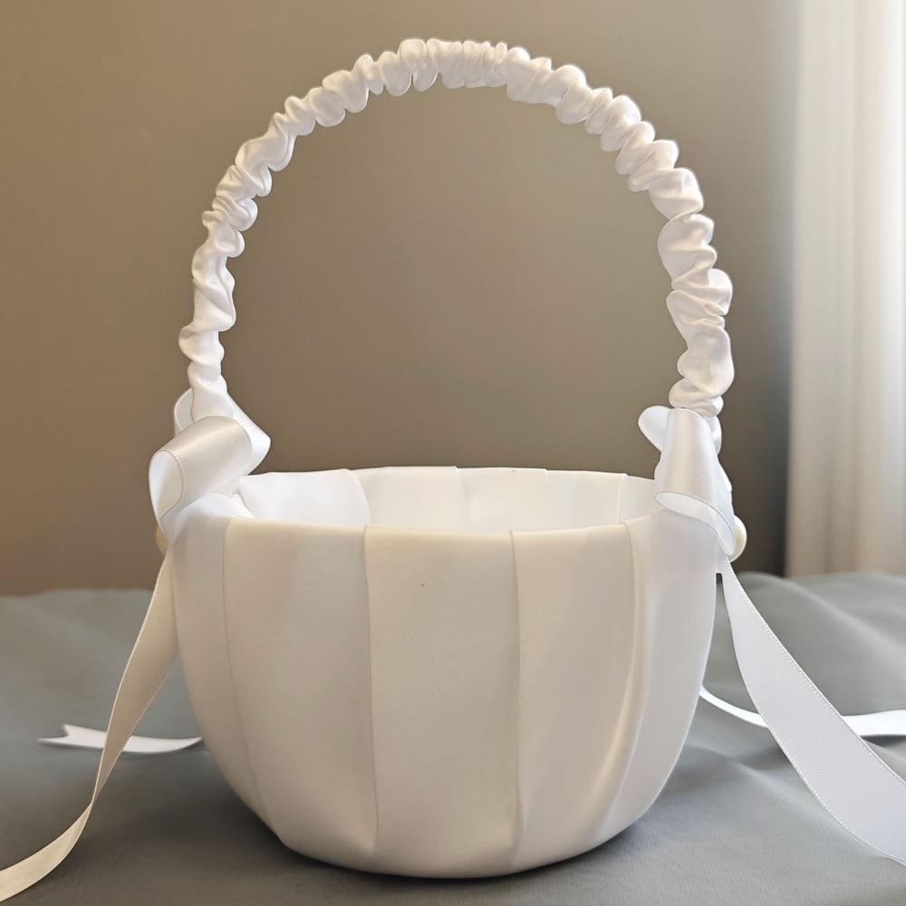 20 cm Weiß Blumenmädchenkorb Seide Kinder Handgehalten Hochzeitskorb Hochzeitszeremonie Perlen Schleife Partydekorationen