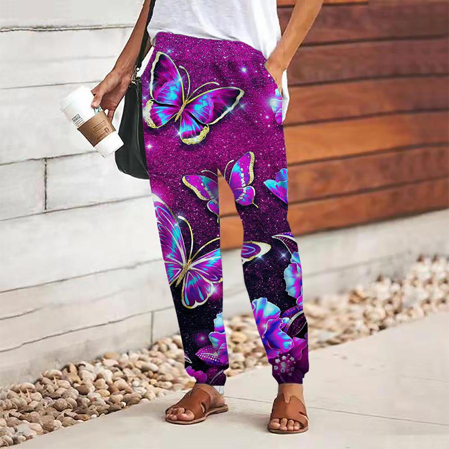 Women Butterfly Printing Pants Lace Up Elastic Waist Loose  Trousers Casual Long Pants Trousers with Pockets
