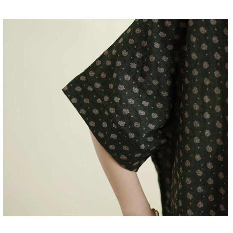 Damen Schwarz Blumendruck Lockerer Schnitt Halbe Ärmel Leinenmischung Freizeitbluse