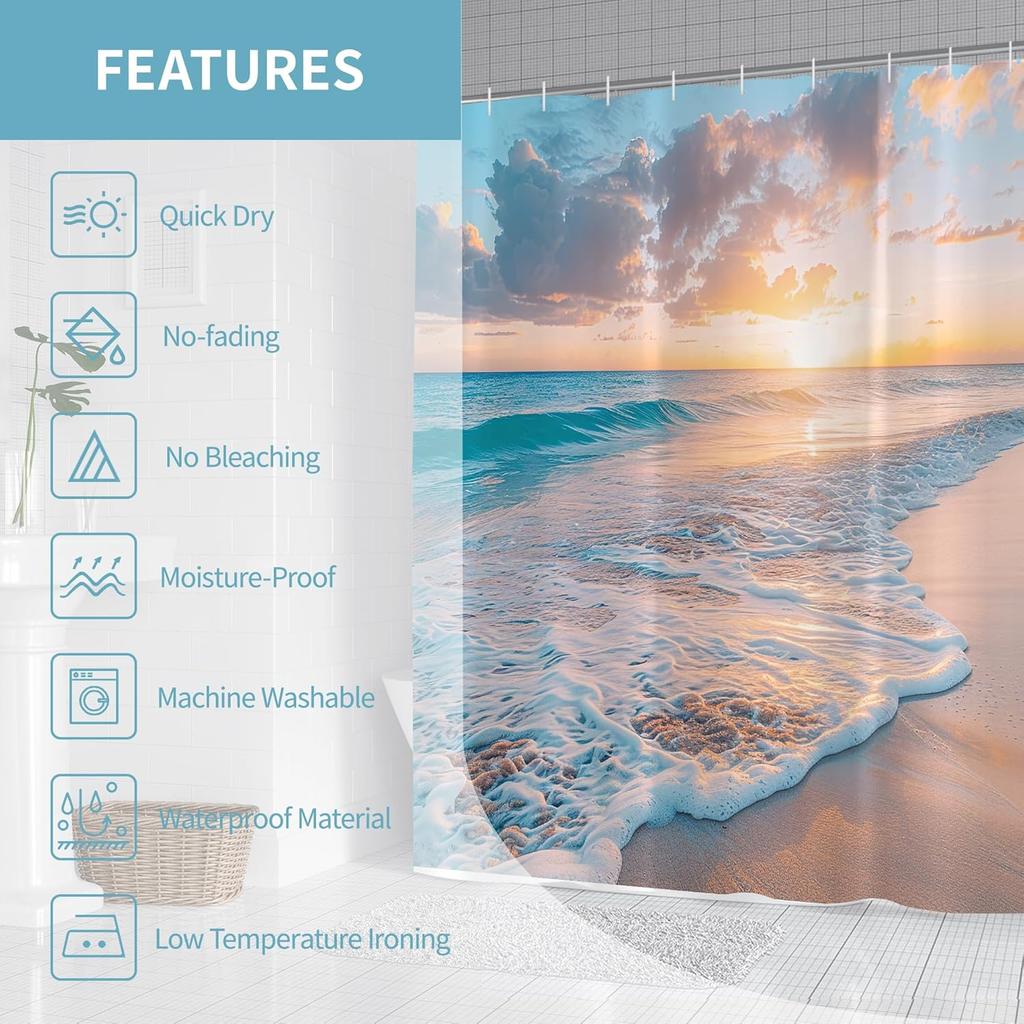 Beach Sunset Shower Curtain Ocean Waves Sky Clouds Tropical Scene Nature Art Bath Decor Waterproof Fabric Home Accessories