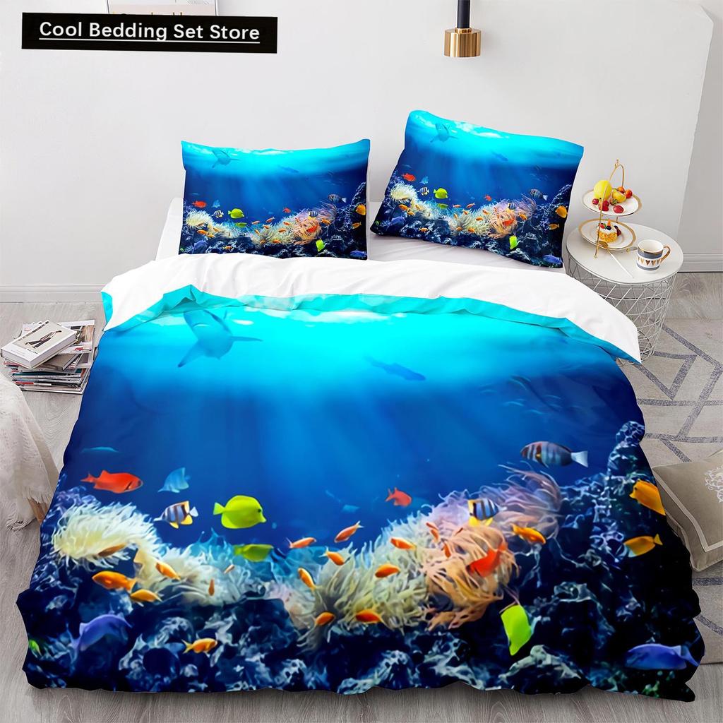 Underwater World King Queen Duvet Cover Cartoon Ocean Animal Bedding Set for Kids Fish Coral Sea Life Soft Polyester Quilt Cover