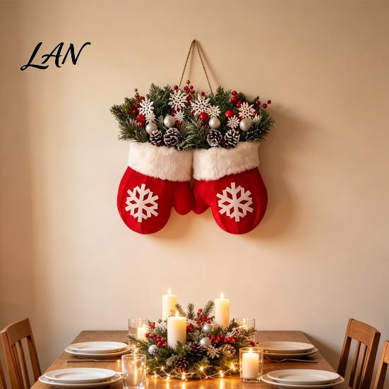 Holiday Front Door Decor Christmas Mitten/Stocking Wreath, Decorative Artificial Wreath with Berries Pine Cones, Cone Berry Branches, Hanging