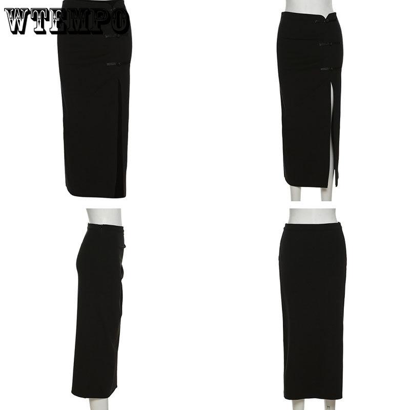 WTEMPO Femei Lateral Split Casual All-metch Fusta lungă neagră Femei Talie înaltă Fuste solide Imbracaminte de stradă