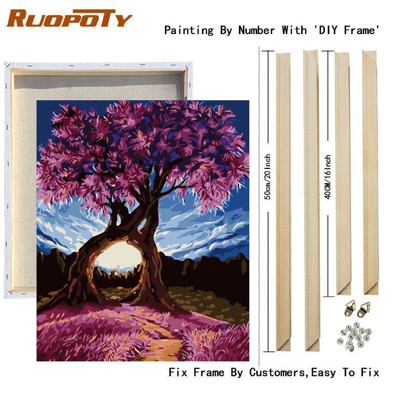 Rámová malba podle čísel pro dospělé Sada Strom Krajina Akrylová barva Čísla pro bytové dekorace Dárek pro kutily 40x50