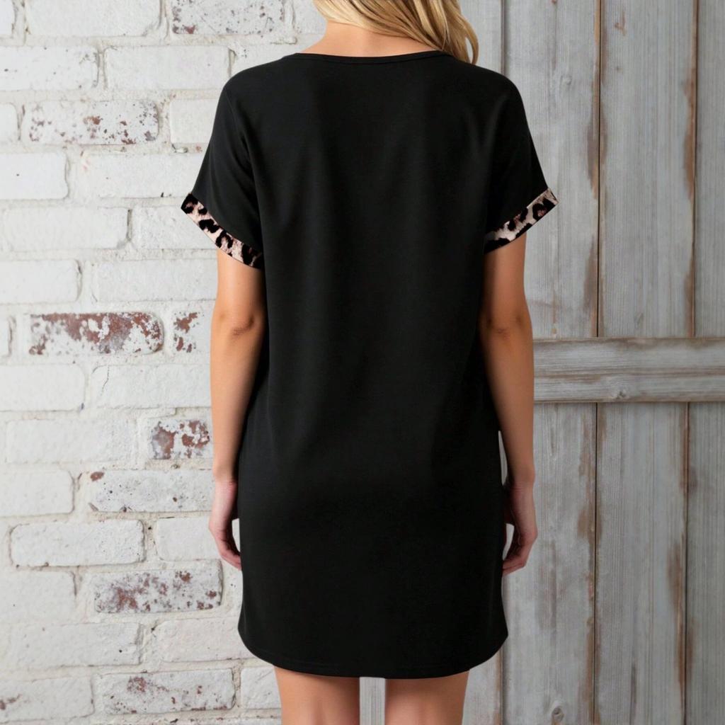 V-Neck Short Sleeve Casual Patchwork Leopard Print Dress for Women, Fashion Summer Midi Dress
