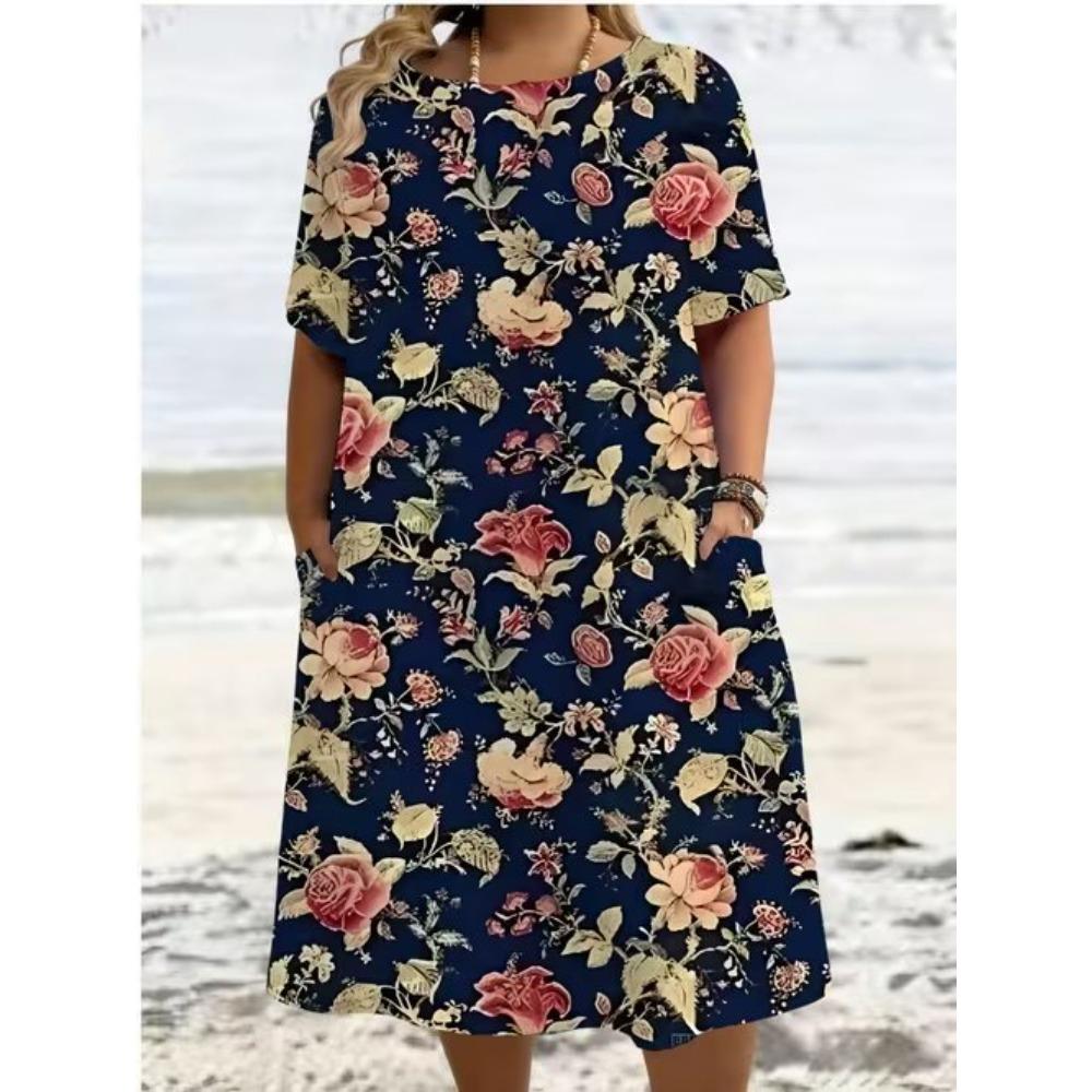 Women's Fashion Graceful Beautiful and Exquisite Patterns Print Summer Spring Short Sleeve O-Neck Casual Dresses