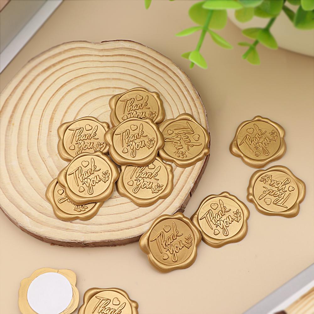 50PCS Wax Seal Stickers - Thank You Words Wedding Invitation Envelope Seal Stickers, Self- Adhesive Antique Gold Stickers
