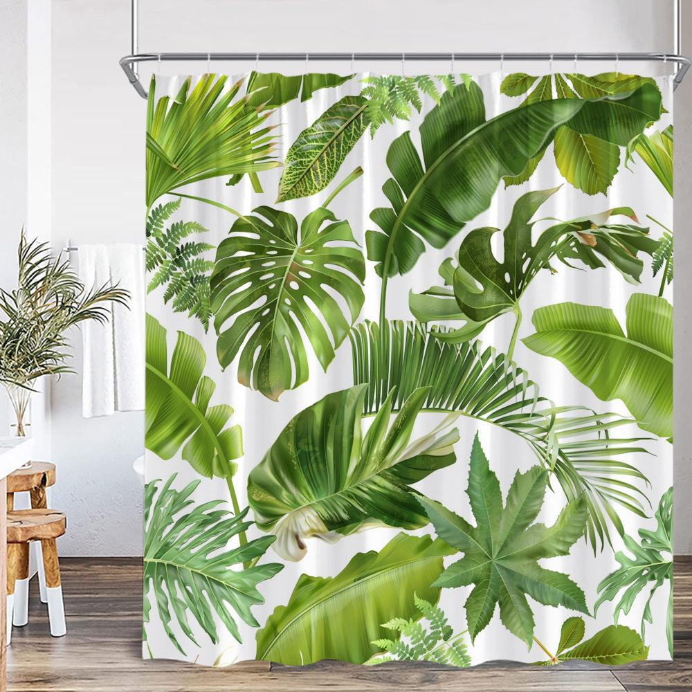 Tropical Leaf Shower Curtain Green Leaves Tropics Jungle Flower Floral Bathroom Decor Plants Polyester Bathtub Curtain with Hook