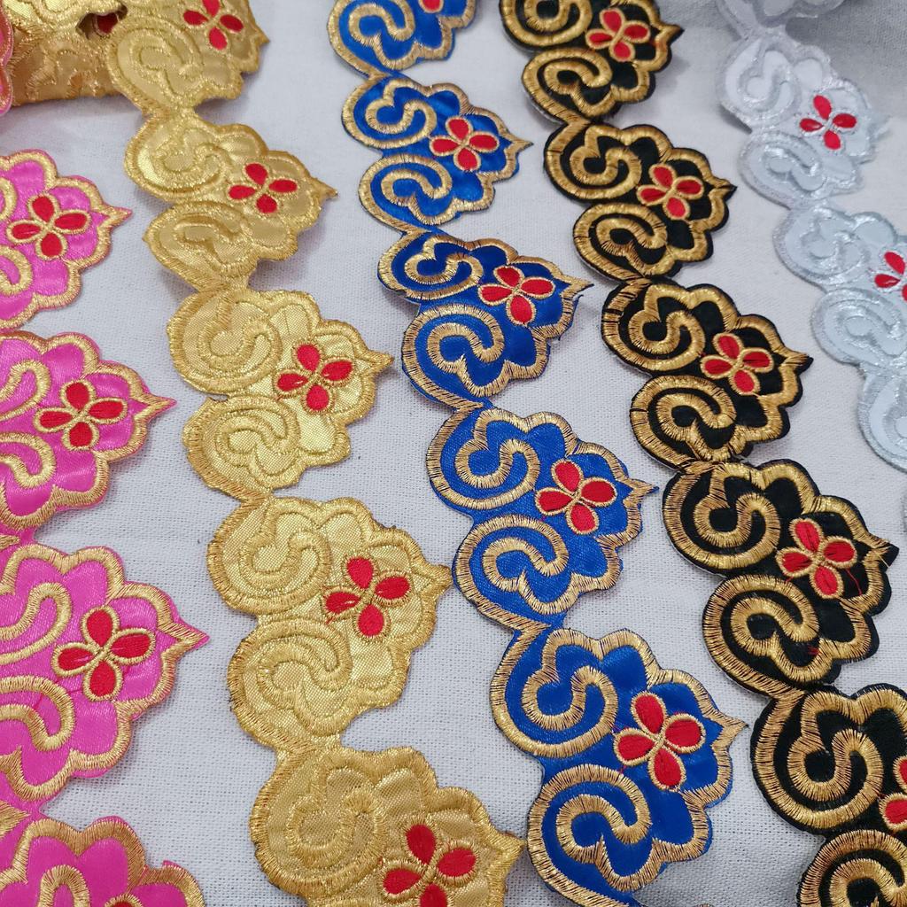 Longevity Peach Gold Embroidered Iron-on Applique with Self-Adhesive Long Strip for Skirt Hem or Stage Waistband.