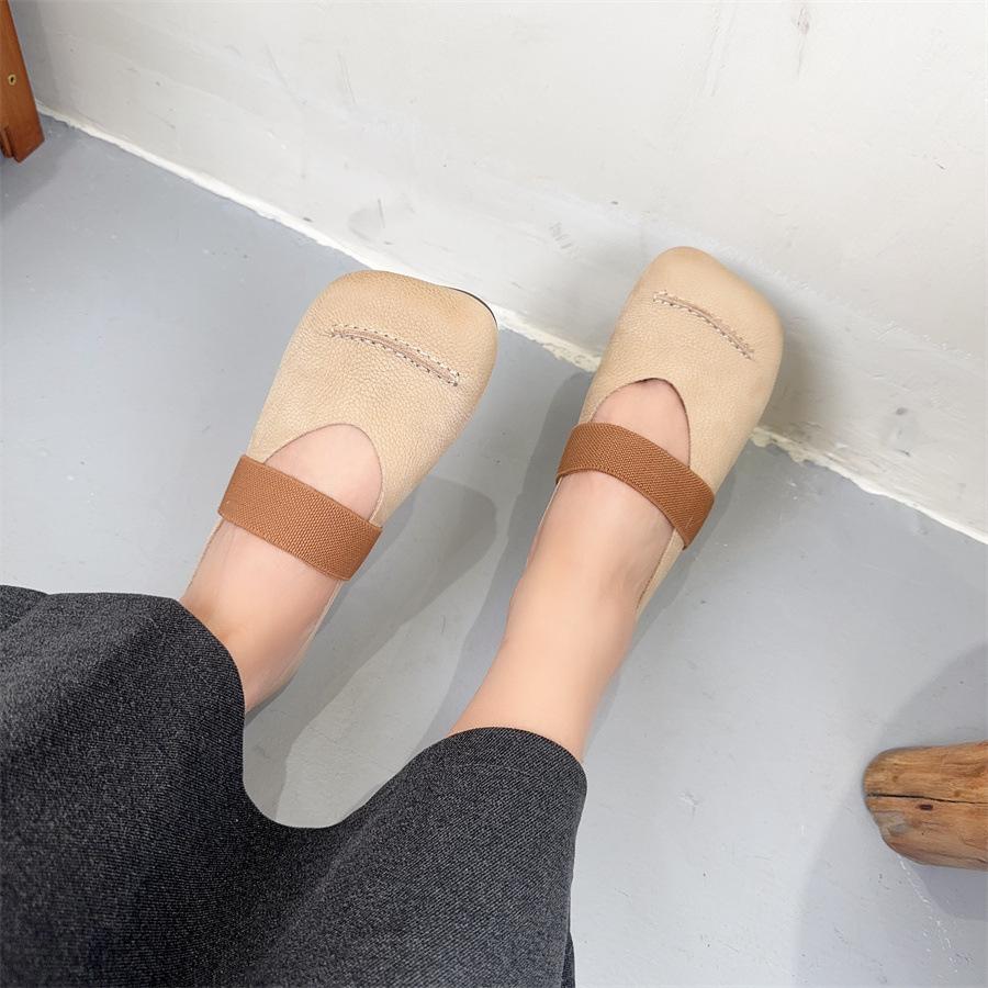 Johnature Flache Schuhe aus Rindsleder mit quadratischer Zehenpartie, Halbschuhe, echtes Leder, weiche Sohle, vielseitige Damenschuhe