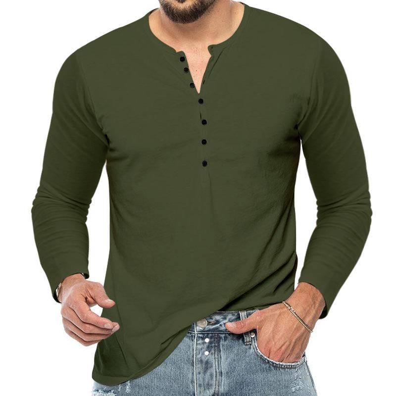 Four Seasons Men's T-shirt Long-sleeved Bottoming Shirt Slim Buttons V-neck Long-sleeved Body Shirt Men's