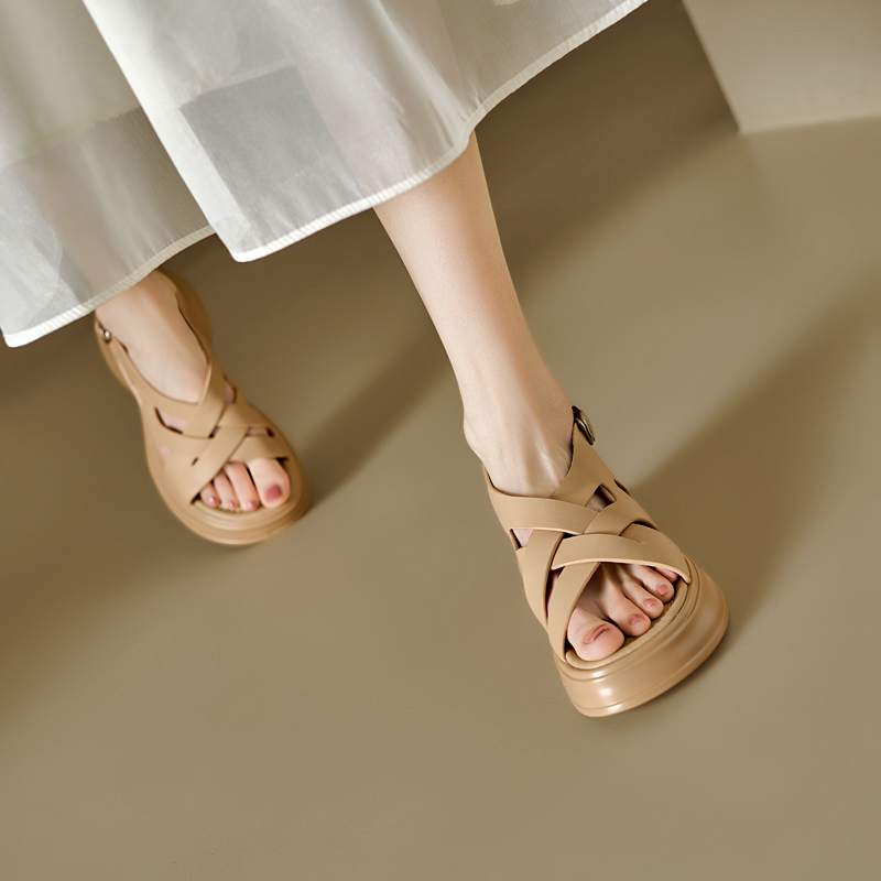 Krazing Pot Sheepskin Peep Toe Thick High Heels Summer Shoes Buckle Straps Platform Weaving Style Women Sandals