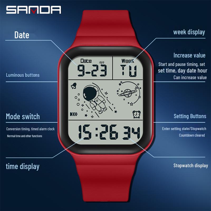 Sanda Astronaut Square Large Screen Unisex Multifunctional Watch with Detachable Strap
