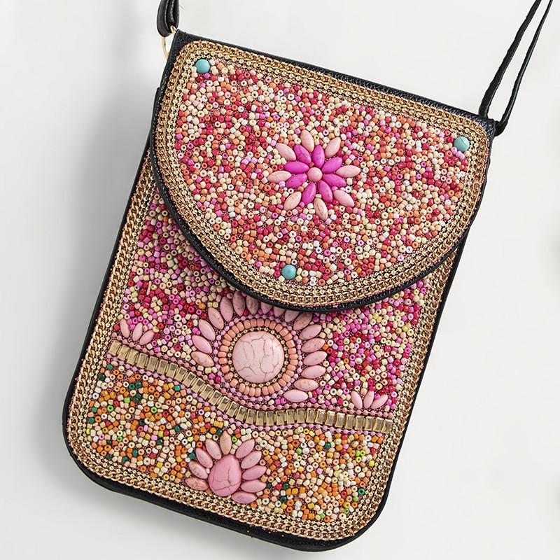 Bohemian Theme Pu Handbag With Magnetic Flap And Floral Accents For Daily Outings