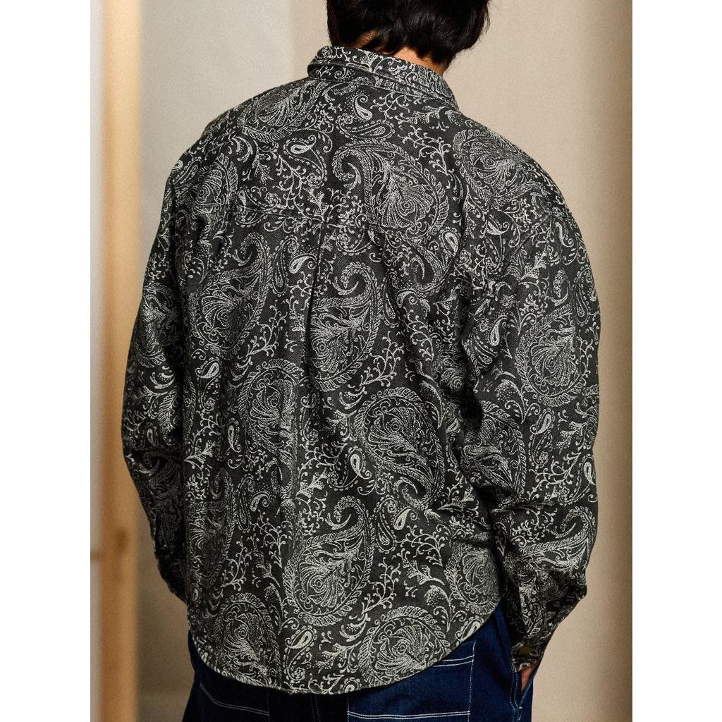 Long Sleeve Jacquard Paisley Print Washed and Size L [karaku] Men's Shirt, Denim, Casual, Simple, Stylish, Spring/Autumn,