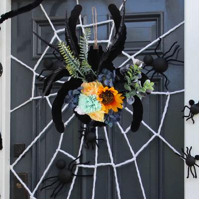 Spider Wreath Wooden Black Spider Wreath with Artificial Flowers Front Door Hanging Decoration