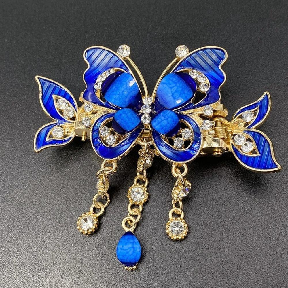 

Elegant Design Rhinestone Butterfly Hairpin Ethnic Style Tassel Decoration Crab Clip Small Size Zircon Butterfly Hairpin синий