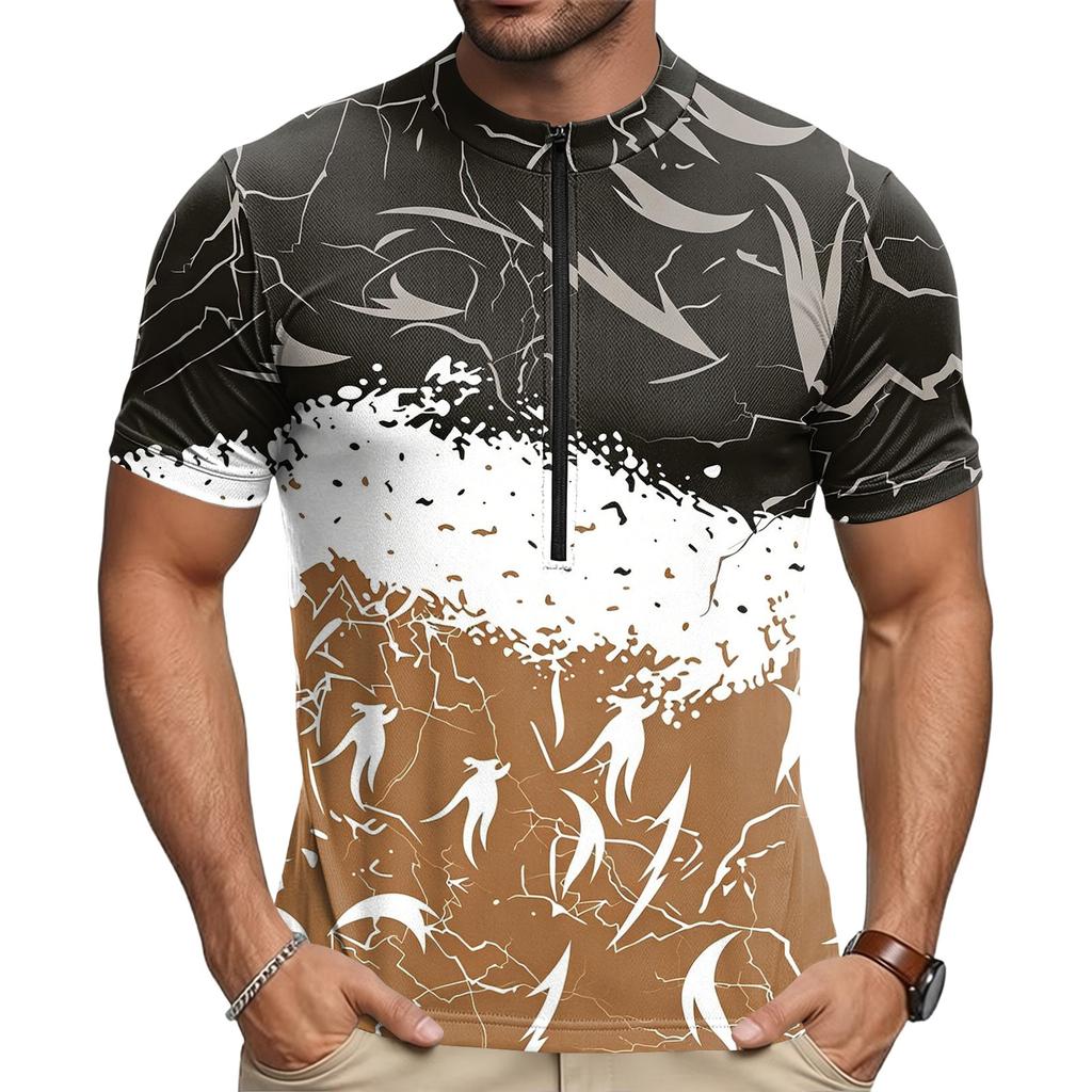Men's Round Neck Printed Short Sleeve Cycling Jersey Breathable Quick Dry Zipper Front Lightweight Sportswear for Outdoor Riding