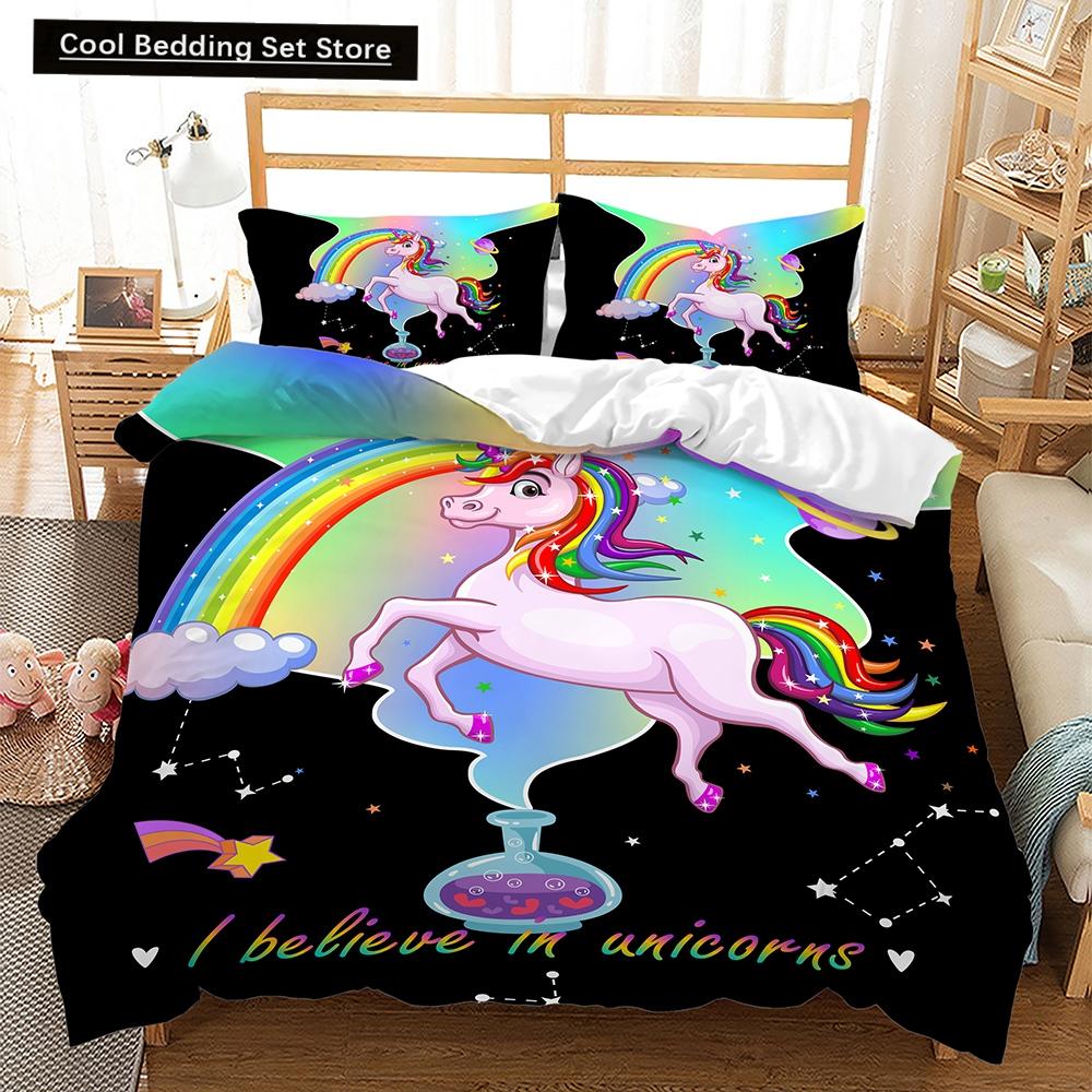 Sada ložního prádla s duhovým jednorožcem Kawaii Kreslené zvířecí ložní prádlo pro děti Dívky 2/3ks Velikost Twin Single Double Queen Sady povlaků na přikrývku