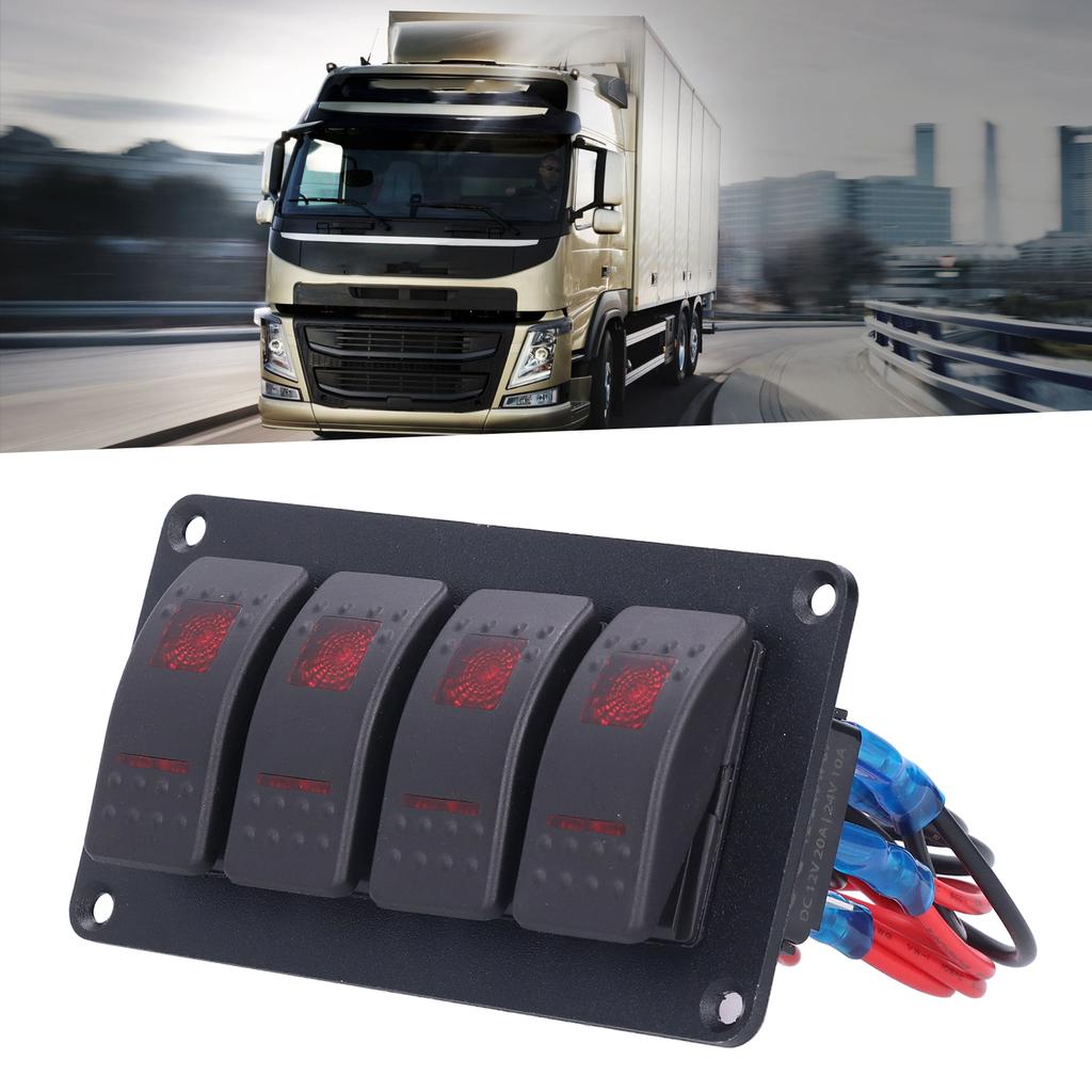 4 Gang Rocker Switch Panel LED Backlight 5‑Pin Overheat Protection for 12V/24V Vehicle Marine Yacht BoatRed Light