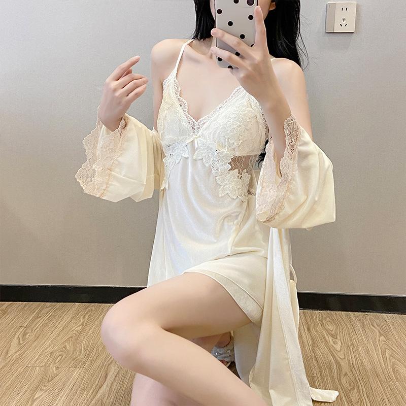 Summer deep V backless pure desire suspender skirt robe set, golden velvet soft loungewear skin-friendly sexy pajamas