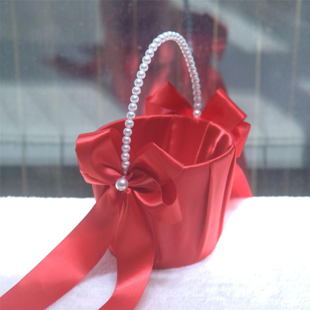 White Satin Pearl Wedding Flower Girl Basket with Gift Bow