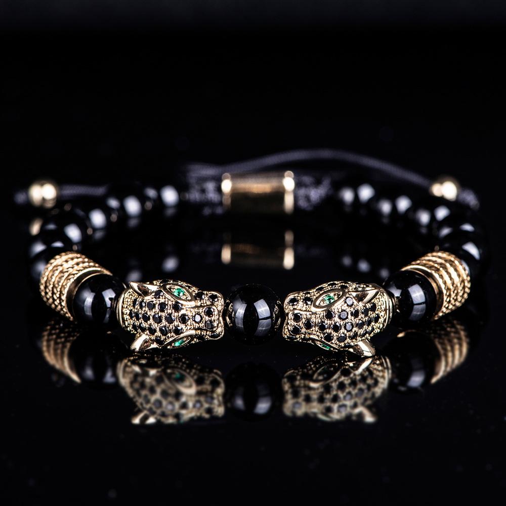 Men's Black Braided Bracelet Set with Double Leopard Heads and Roman Numerals, European & American Retro Style, Stainless Steel.