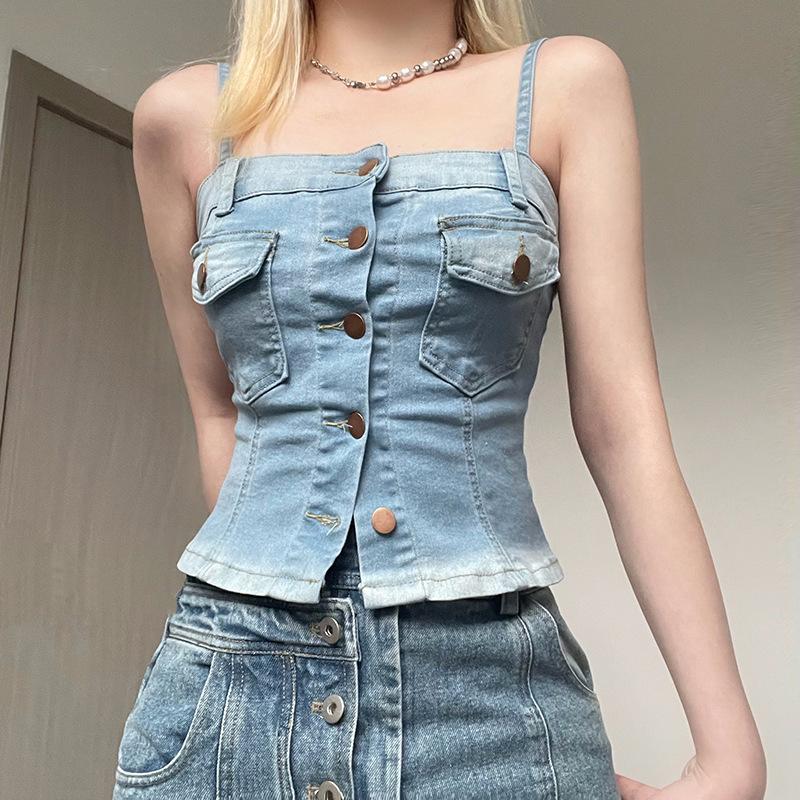 Personality Wash Blue Denim Small Vest Denim Crop Top Pocket Vintage Button Tops