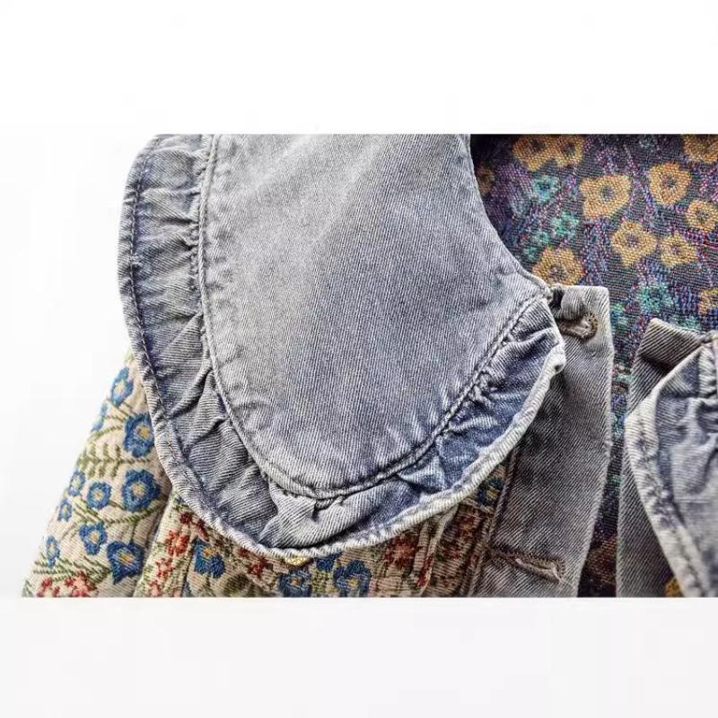 Spring Ruffled Baby Collar Age-reducing Denim Jacket for Women Short Jacquard Versatile Long-sleeved Top
