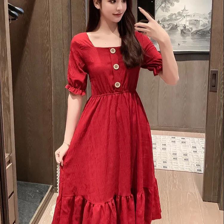 Spring Summer Chiffon Women Dresses Female Short Sleeve Elastic Waist Printed Floral Midi Dress Pleated Backless Casual Dress
