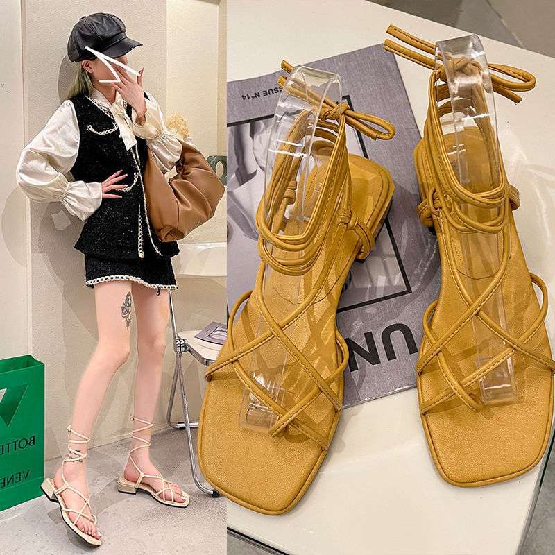 Summer 2025 New Versatile Cross-strap Open-toed Square-headed Fairy Wind Mid-heel Lace-up Roman Sandals
