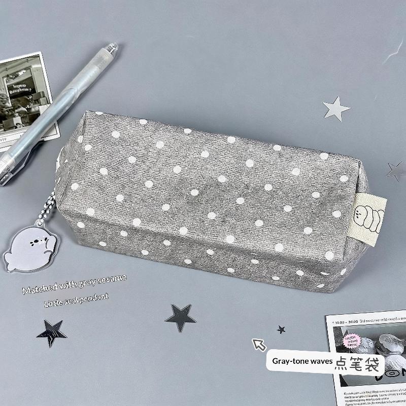 Korean-Style Polka Dot Pencil Case Large Capacity With Cute Seal Pendant For Students School Office Use