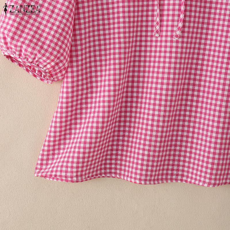 ZANZEA Women Plaid Print Casual Roujnd Neck 3/4 Sleeve Loose Blouse