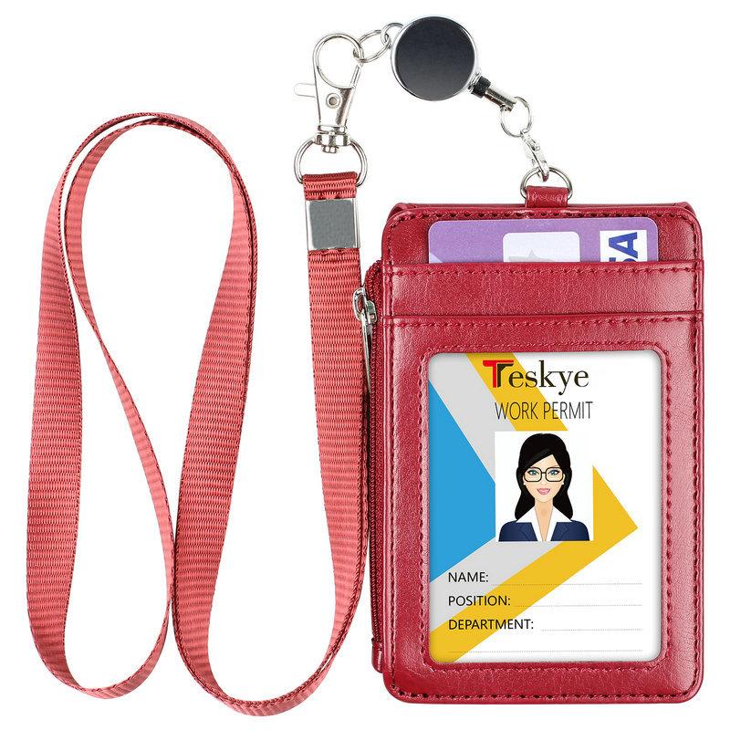 Low Moq Stamping Logo Pu Leather High Capacity Portable Credit Card Holder With Zipper Lanyard Reel Retractable