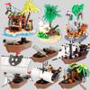 MOC Medieval Military Pirate Scene Building Blocks Street View Boat Island Wharf Treasure Chest Coconut Tree Bricks Toys
